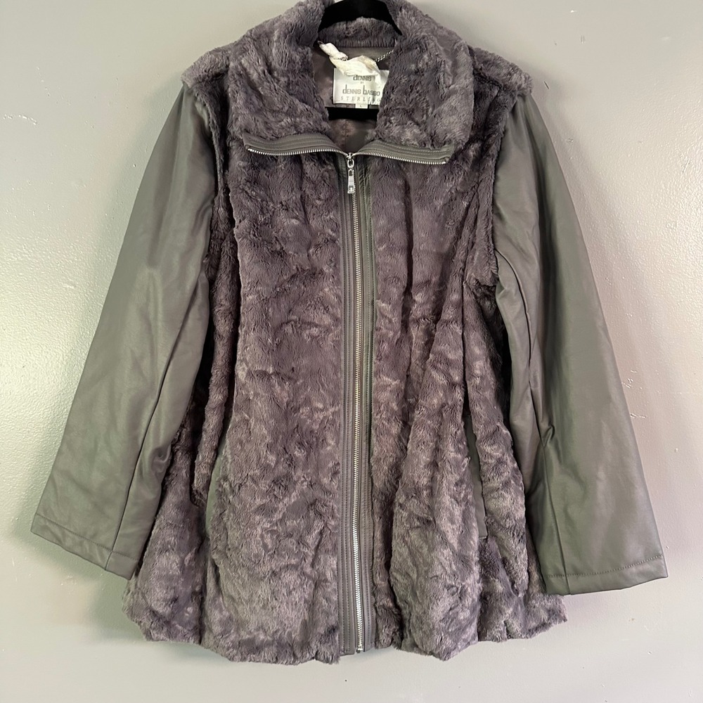 DENNIS BASSO STERLING FAUX‎ FUR FAUX LEATHER ZIP UP JACKET LARGE